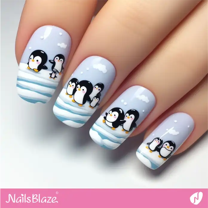 Nails with Penguin Chicks Playing on Ice | Polar Wonders Nails - NB3157
